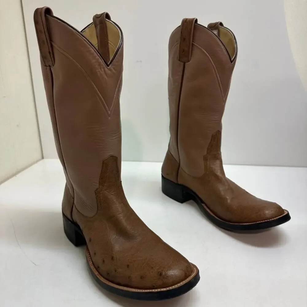 EXCELLENT Rios of Mercedes Brown Full Quill Ostrich Roper Exotic Boot 7.5 Narrow